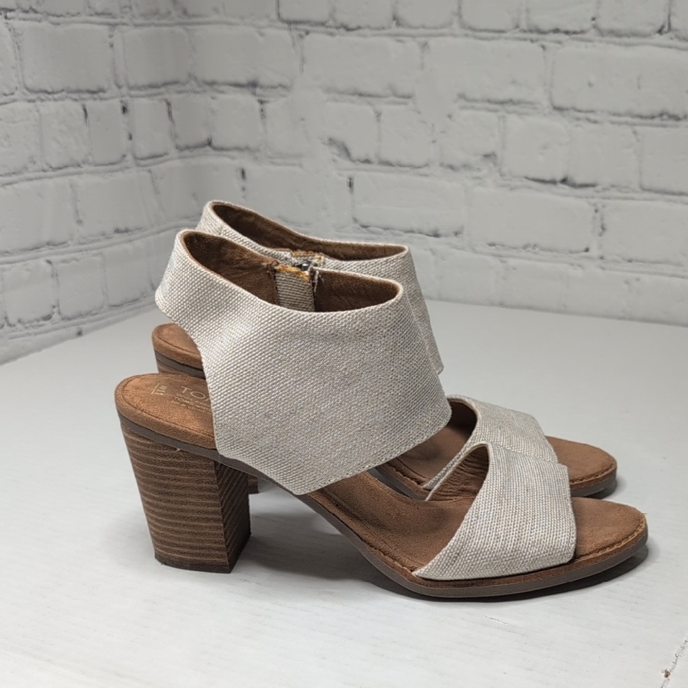 Tom's Majorca Cutout Sandals In Canvas Beige Stacked Block Heel